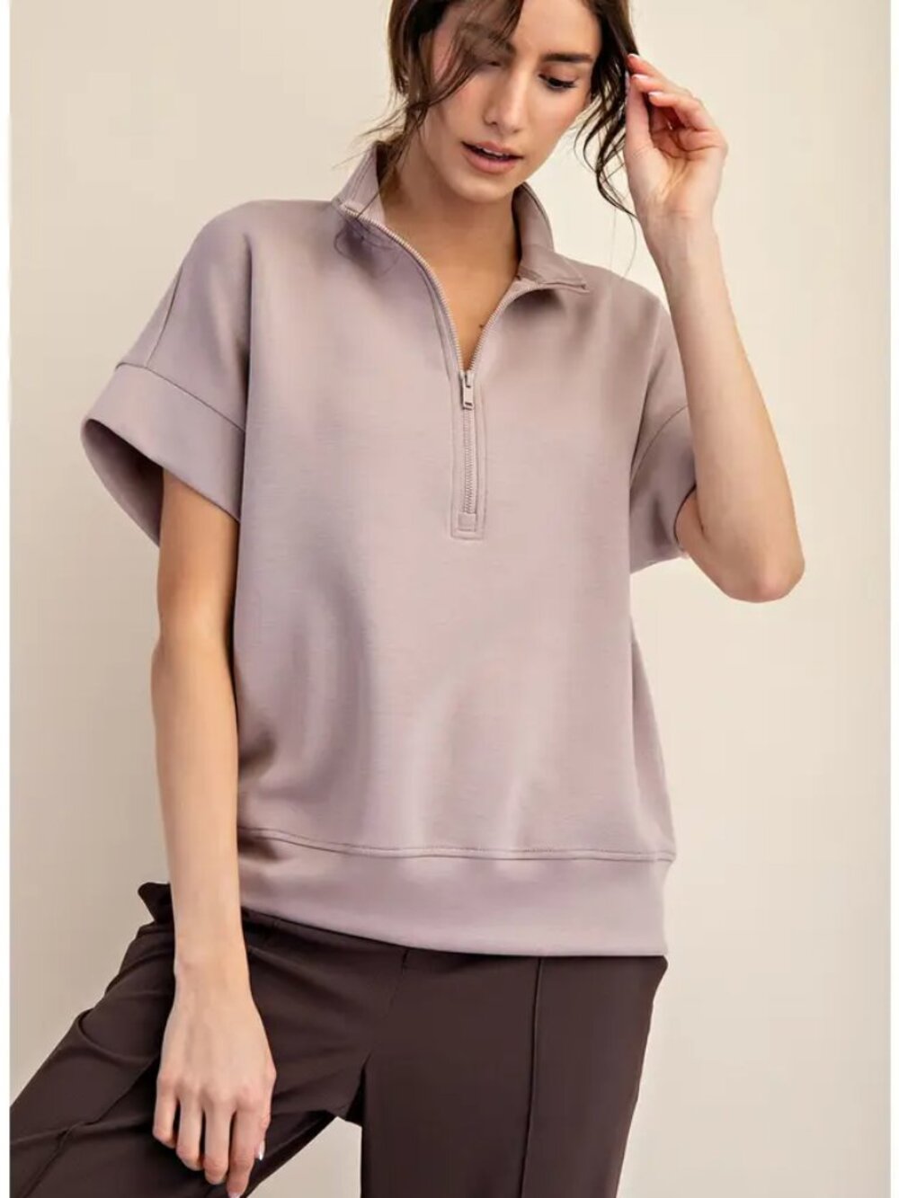 Rae Mode - Modal Scuba Quarter Zip Short Sleeve Top - Medium - Light Mocha